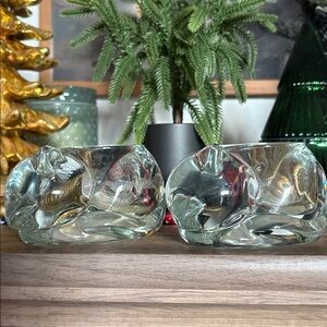 2 Vintage Indiana Glass Clear Sleeping Cat Votive Holders